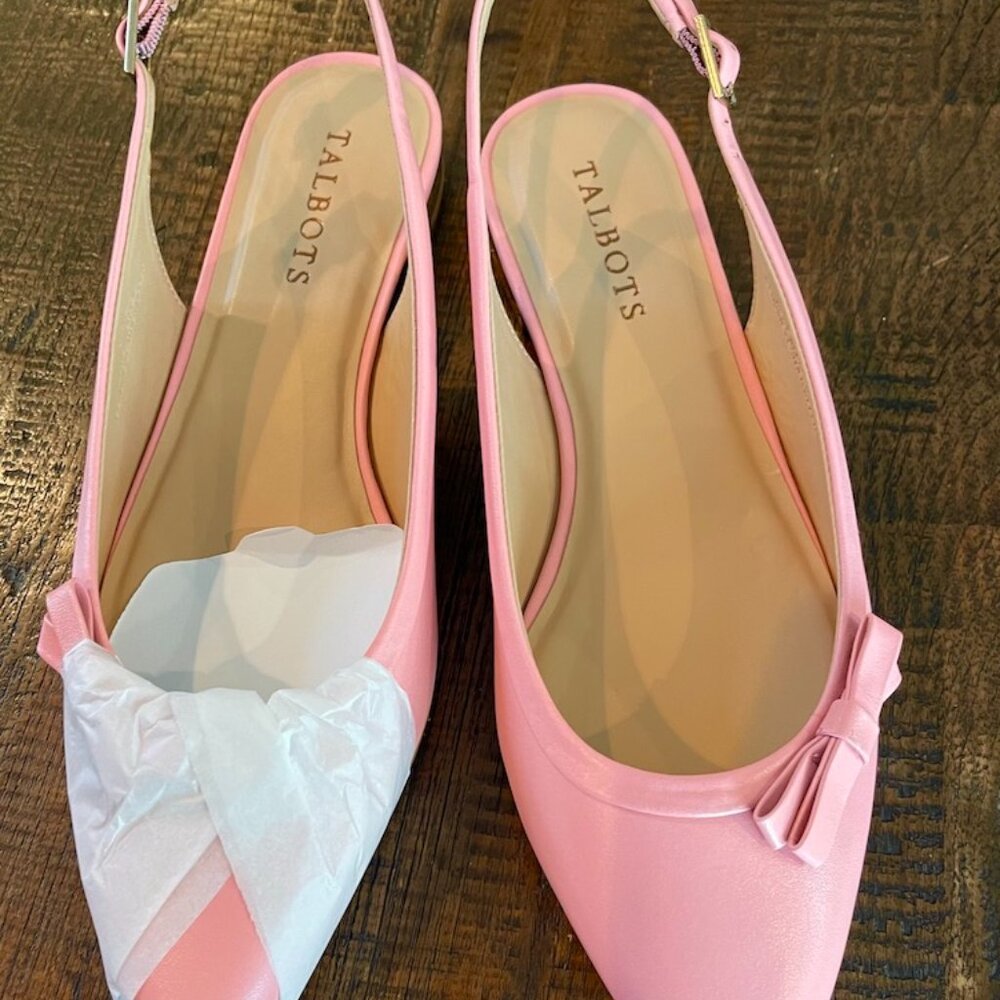 Talbots "Edison" Slingback Leather Bow Flats in Preppy Pink NIB
